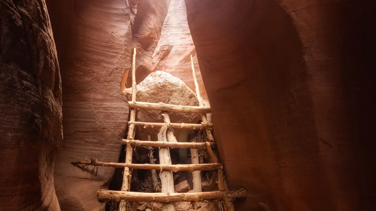 Wooden ladder inside Buckskin Gulch slot canyon
