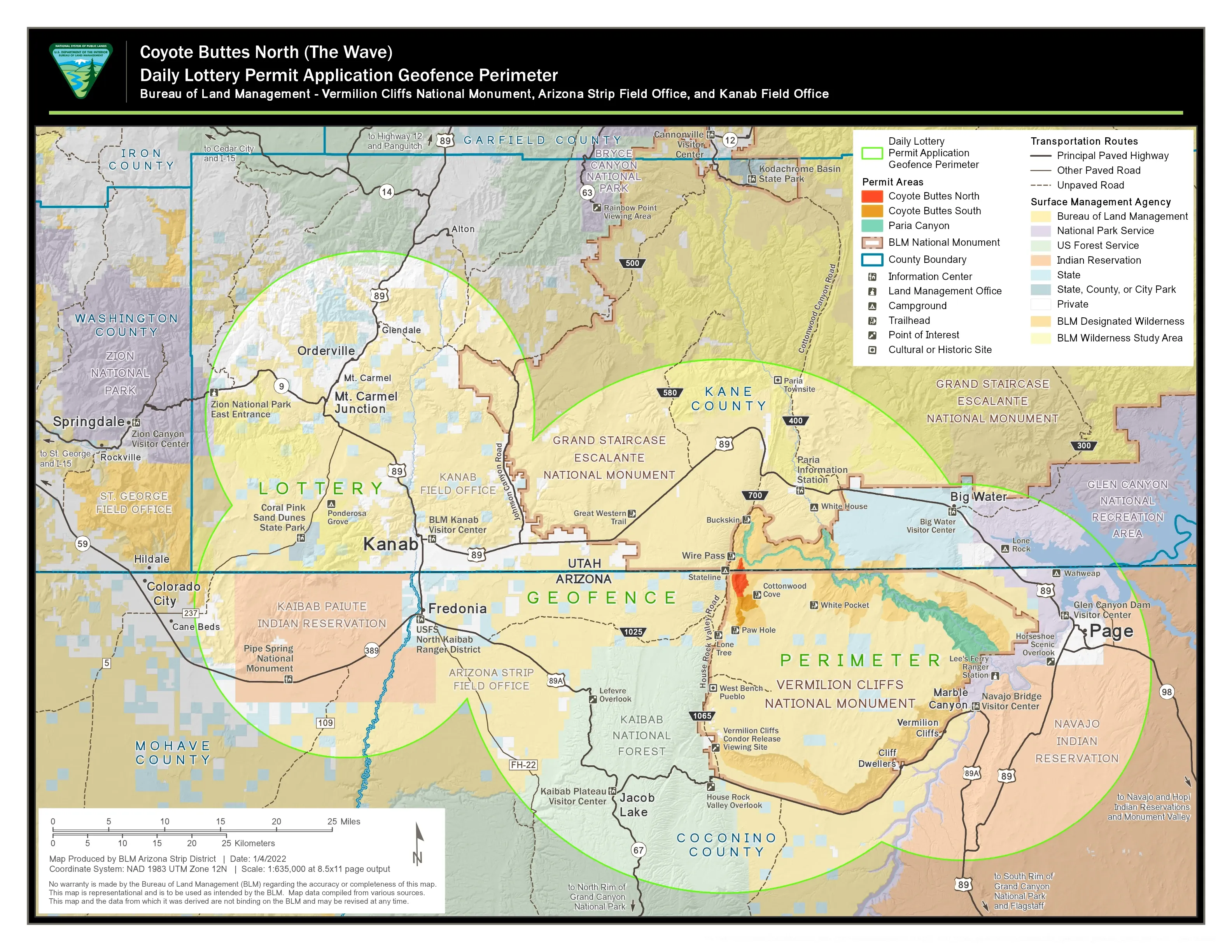 Map of the Coyote Buttes North daily lottery geofence perimeter, showing the Page, AZ and Kanab, UT area where you must be located to apply